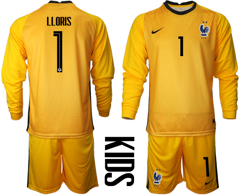 Youth 2021 European Cup France yellow Long sleeve goalkeeper #1 Soccer Jersey